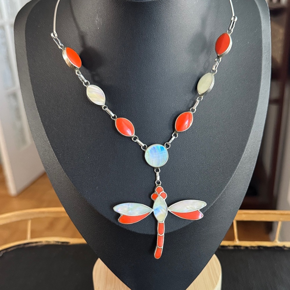 Artisan Dragonfly Necklace w Mother of Pearl & Coral Enamel Accents